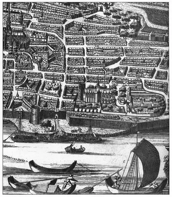 Gravure historique en noir et blanc représentant une vue à vol d'oiseau de la ville fortifiée d'Orléans le long de la Loire, avec de nombreux bâtiments, rues et bateaux au premier plan, illustrant l'importance historique du fleuve pour la navigation.