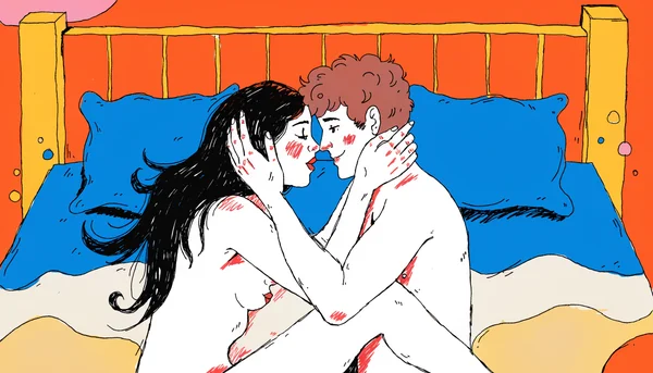 Illustration d’une pénétration vaginale lente en missionnaire : un couple nu enlacé, l’homme au-dessus de la femme, mains entrelacées, regards profonds dans les yeux, ambiance sensuelle et connectée.