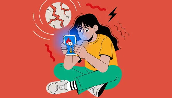 Un jeune assis par terre, le regard anxieux fixé sur son téléphone dont l'écran affiche des symboles de catastrophes climatiques – une illustration de l'éco-anxiété amplifiée par les réseaux sociaux.