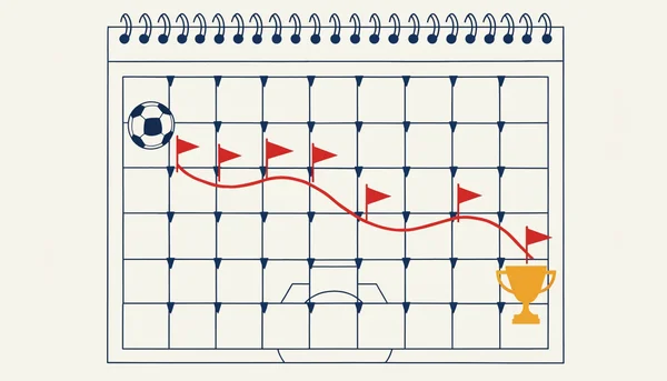 Illustration éditoriale d'un calendrier mural plat représentant la saison Premier League 2026/27 : un ballon de foot sur la première case marque le coup d'envoi de mi-août, une ligne rouge ponctuée de drapeaux relie les dates clés jusqu'à un trophée doré sur la dernière case de fin mai, sur un fond orné d'un léger tracé de terrain.