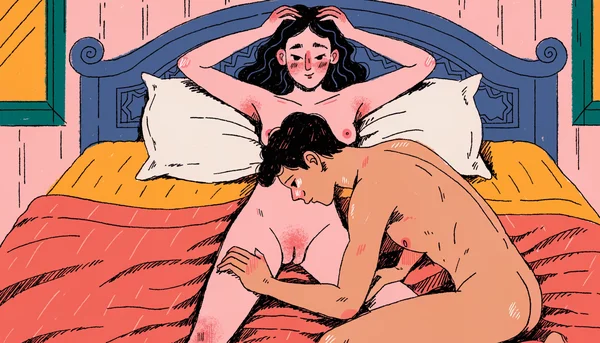 Illustration d’un cunnilingus lent et conscient : une femme nue allongée sur le dos, un homme nu agenouillé entre ses cuisses, la tête baissée vers son sexe, les mains caressant ses cuisses, regards connectés, ambiance intime et apaisante.