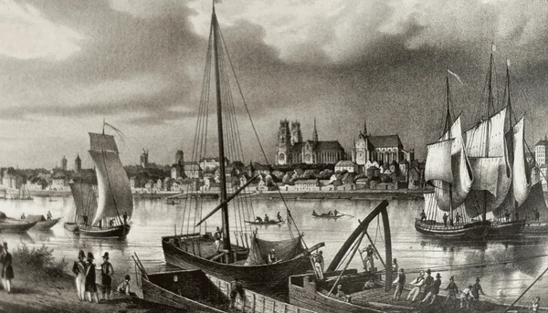 Illustration historique en noir et blanc du port fluvial d'Orléans au XIXe siècle, montrant des voiliers et des barques sur la Loire, avec des personnages sur les berges et la silhouette de la cathédrale en arrière-plan.