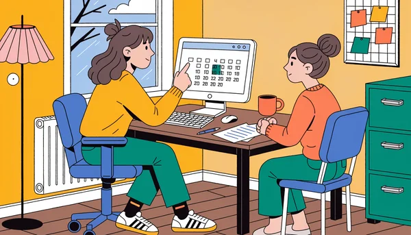 Illustration éditoriale : une conseillère d'orientation et un jeune candidat sont assis face à face autour d'un bureau couvert de documents et d'un ordinateur ; la conseillère montre du doigt le calendrier affiché à l'écran, illustrant l'accompagnement personnalisé proposé par la commission d'accès à l'enseignement supérieur (CAES) aux candidats sans proposition.