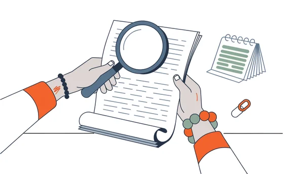 Illustration d'appui : un contrat de premier CDI est examiné à la loupe avant signature, avec un calendrier pour vérifier la période d'essai et un symbole de chaîne pour la clause de non-concurrence.