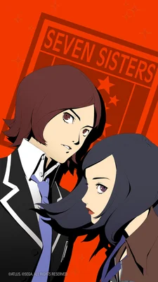 Visuel officiel de Persona 2 avec Tatsuya Suou et Maya Amano devant l’emblème de Seven Sisters.