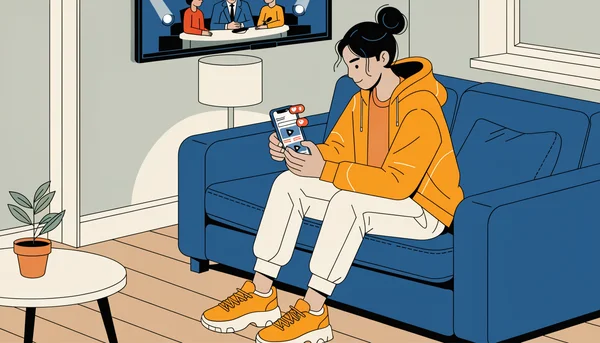 Un jeune adulte en tenue décontractée fait défiler sur son smartphone un fil de notifications d'actualité politique et de vidéos virales, installé sur un canapé de salon ; à l'arrière-plan, un téléviseur diffuse un talk-show avec des invités en plateau.