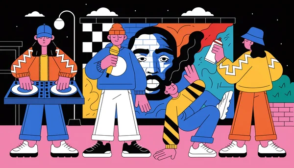 Illustration représentant les quatre piliers du hip-hop : DJing, MCing, breakdance et graffiti, avec un portrait de Tupac sur le mur, dans un style d’art urbain.