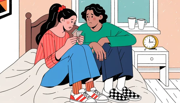 Un couple assis sur le bord d'un lit, la femme tient un préservatif déchiré, tous deux semblent inquiets. Une horloge sur la table de chevet indique l'heure. La scène illustre le moment où l'on découvre la rupture et l'urgence d'agir.