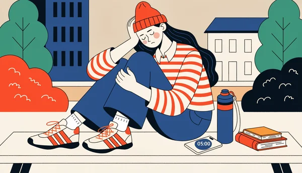 Une étudiante assise sur un banc, les yeux fermés, téléphone en silencieux et minuteur de 5 minutes à côté d'elle, sur un campus universitaire. Illustration 2D flat aux lignes nettes et couleurs unies.