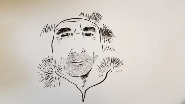 Illustration en noir et blanc de Mike Horn, visage tenu par des mains représentées comme des têtes de pissenlit.