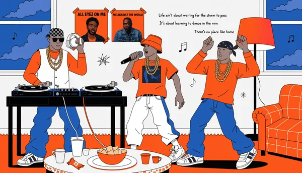 Trois amis habillés en style hip-hop des années 90 dans un salon décoré pour une soirée hommage à Tupac : un DJ aux platines, un autre qui rappe, et un qui danse, avec des pochettes d’albums et des citations de Tupac accrochées au mur.