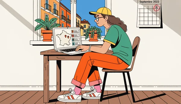 Illustration éditoriale : un lycéen consulte, un après-midi d'été, la carte des formations de la phase complémentaire affichée sur son ordinateur portable et s'apprête à formuler un nouveau vœu, avec sur le mur un calendrier dont la date du 8 septembre est entourée au feutre.