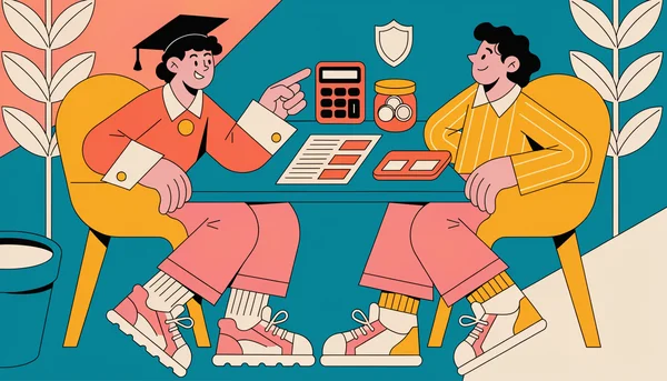un jeune diplômé négocie son premier CDI autour d'une table avec un recruteur, en s'appuyant sur une calculatrice et le détail du package à comparer (tickets-restaurant, mutuelle, primes).