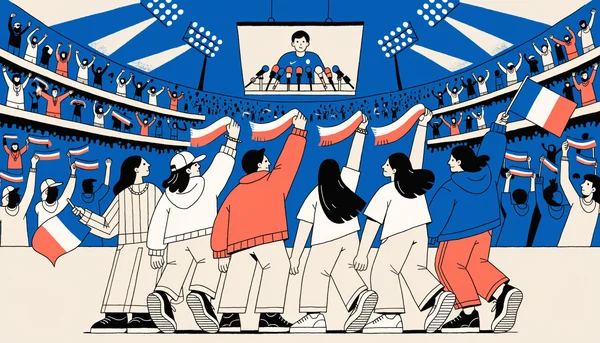 Des jeunes supporters français lèvent drapeaux et écharpes tricolores dans les tribunes d'un stade, tandis que sur l'écran géant le capitaine de l'équipe de football s'exprime face aux micros lors d'une conférence de presse.