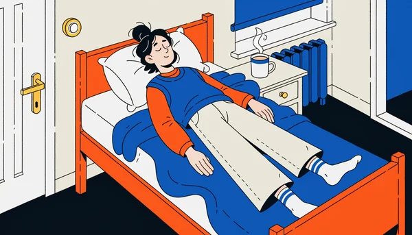 Un étudiant allongé sur son lit, les yeux fermés, pratiquant le body scan. L'illustration en 2D flat montre le corps détendu avec des pointillés du sommet de la tête aux pieds.