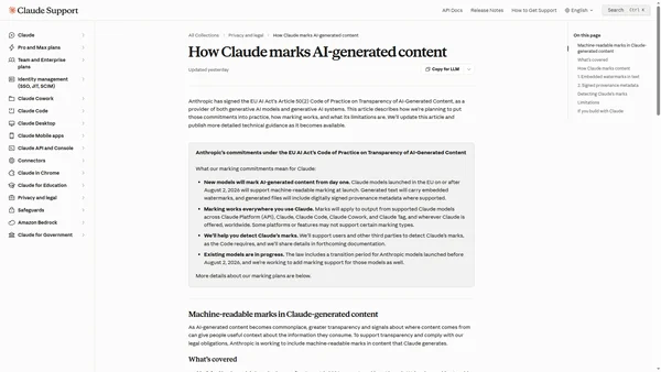 Capture d'écran de la page d'aide officielle du Claude Help Center d'Anthropic, affichant le titre 'How Claude marks AI-generated content' et un texte introductif expliquant la conformité à l'EU AI Act et l'engagement de l'entreprise en matière de filigrane invisible et de métadonnées C2PA.