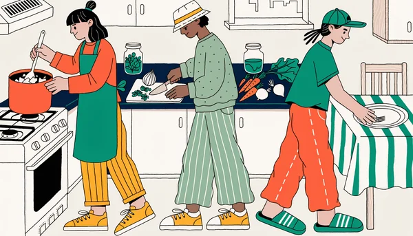 Illustration éditoriale : trois jeunes colocataires cuisinent ensemble dans la cuisine lumineuse d'un appartement partagé. L'un remue une grande casserole de légumes sur la cuisinière, une autre coupe des légumes frais sur le plan de travail, tandis que le troisième pose des assiettes sur la table. Légumes, herbes et bocaux en verre sont posés sur le comptoir, dans une ambiance conviviale et détendue.