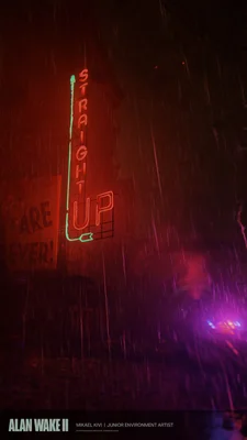 Art promotionnel d'Alan Wake 2 : scène nocturne pluvieuse avec un néon vertical rouge et vert indiquant 'STRAIGHT UP', des lumières violettes floues et des traînées de pluie.