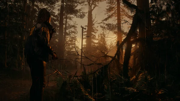 Capture d'écran d'Alan Wake 2 montrant une personne en veste du FBI dans une forêt sombre et brumeuse, avec des arbres et de la mousse, éclairée par une lumière chaude.