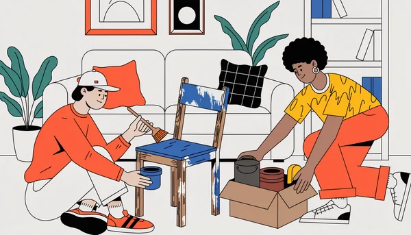 Illustration éditoriale : un jeune adulte assis par terre dans un salon partagé ponce et repeint une vieille chaise en bois chinée, pot de peinture et pinceau à la main, pendant qu'un autre colocataire dépose à côté de lui un carton d'objets récupérés. Le salon comprend un canapé, une bibliothèque et des plantes vertes.