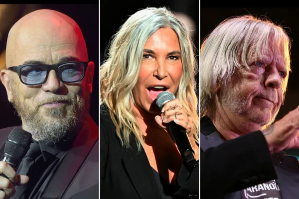 Portraits de trois artistes sur scène : un homme chauve à lunettes et barbe, une femme blonde chantant au micro et un homme âgé aux cheveux longs blancs