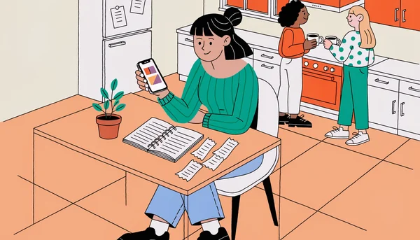 Jeune femme attablée dans la cuisine lumineuse d’une colocation, téléphone en main avec un graphique budgétaire illustré par trois segments colorés, un carnet de comptes ouvert et des tickets posés devant elle, tandis que deux colocataires discutent en arrière-plan.