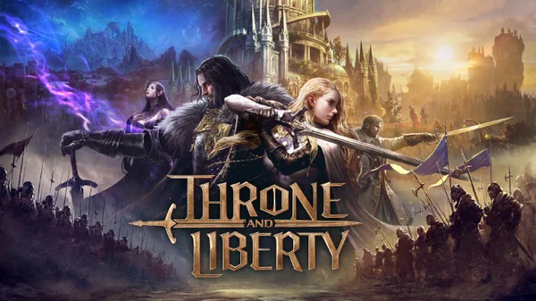 Illustration promotionnelle de Throne and Liberty montrant trois personnages fantastiques armés devant des armées, des châteaux et des effets magiques, avec le logo du jeu en surimpression en bas au centre.