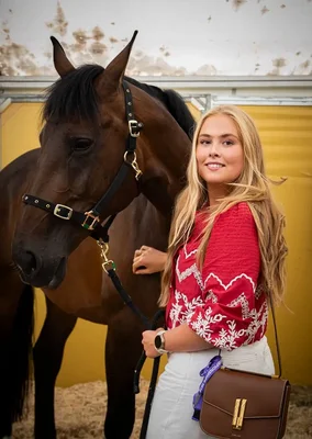 La princesse Catharina-Amalia des Pays-Bas, en chemisier rouge brodé et pantalon blanc, tenant un cheval brun par sa longe sur un fond jaune.