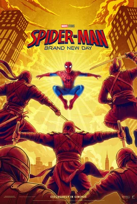 Affiche du film 'Spider-Man: Brand New Day' montrant Spider-Man en plein saut, entouré de quatre silhouettes ninja armées d'épées, sur un fond de ville jaune.