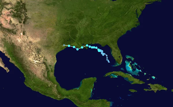 Image satellite de la tempête tropicale Bertha en 2026 dans le golfe du Mexique, montrant un système nuageux compact avec des bandes de pluie s'étendant vers la Floride.