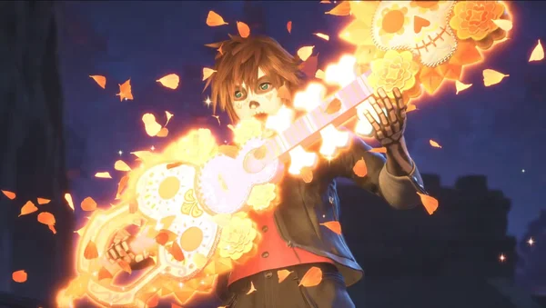 Aperçu du nouveau monde inspiré de Coco dans Kingdom Hearts 4, avec des décors colorés et des personnages du film Pixar.