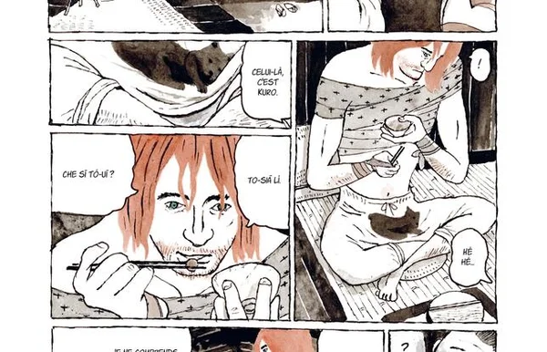 Case de la bande dessinée Nanbanjin montrant un personnage aux cheveux roux mangeant aux baguettes, avec un chat endormi à côté, illustrant la rencontre des cultures japonaise et portugaise