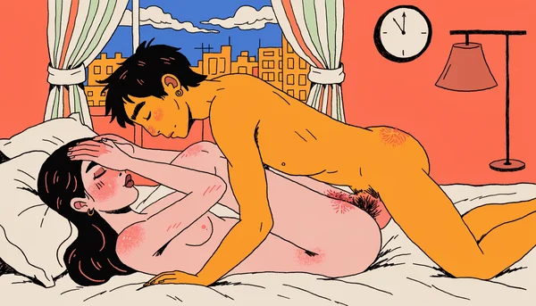 Illustration d'un couple nu en pénétration vaginale en missionnaire : la femme, allongée sur le dos, se tient la tête à deux mains au moment de l'orgasme, le visage partagé entre plaisir et grimace de douleur, tandis que son partenaire nu la pénètre au-dessus d'elle.