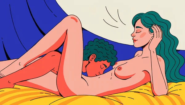Illustration d'un couple nu en cunnilingus : la femme, allongée sur le dos, a une main posée sur sa tête et un sourire apaisé, tandis que son partenaire nu, allongé entre ses cuisses, s'approche de son bassin, dans une ambiance intime et détendue.