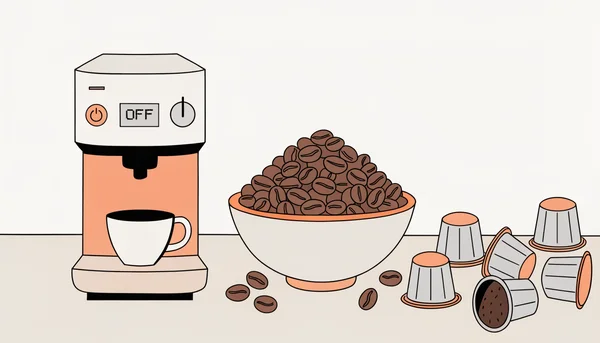 Illustration plate d'une machine à café compacte sur un plan de travail, avec un bol de grains de café et des capsules en aluminium à côté, illustrant le choix entre capsules et grains pour une première machine.