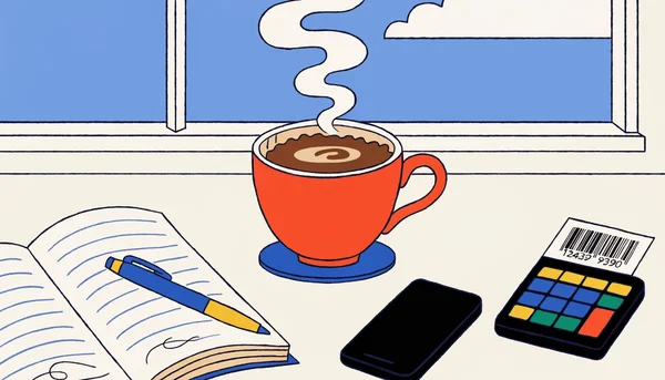 Illustration plate d'une tasse de café fumante sur un bureau d'étudiant, à côté d'un carnet, d'un téléphone et d'une calculatrice avec étiquette de prix, évoquant une routine café abordable au quotidien.