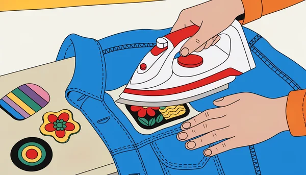 Plan serré montrant des mains appliquant un patch thermocollant sur une veste en denim avec un fer qui appuie sur le patch à travers un linge fin. Le patch présente un motif brodé coloré. On voit la surface du fer à repasser et quelques autres patchs éparpillés.