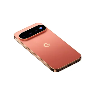Rendu promotionnel du smartphone Google Pixel 11 en couleur corail ou rose doré, montrant l'arrière avec la barre horizontale distinctive de l'appareil photo et le logo Google 'G'