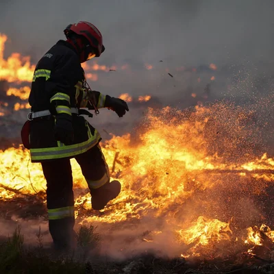 Un pompier en équipement de protection complet, avec casque rouge et bandes réfléchissantes, se tient au milieu d'un incendie de forêt, soulevant des étincelles et des braises du sol brûlant