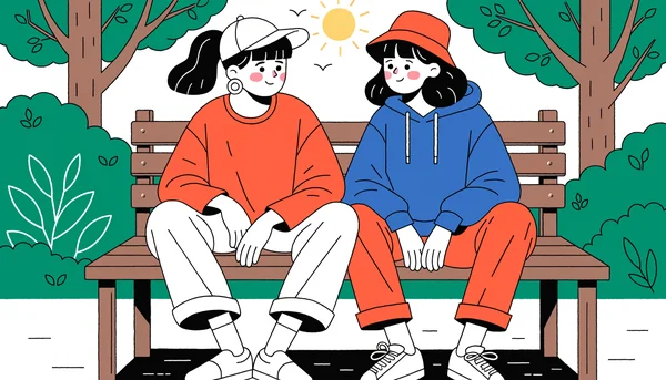 Deux amis assis sur un banc dans un parc à la fin de journée, en conversation, avec des sourires timides et une tension romantique naissante entre eux.
