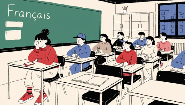 Illustration plate d'une salle de classe française avec des élèves adolescents assis à des bureaux. Au premier plan, un élève regarde pensivement son téléphone portable posé sur le pupitre, évoquant l'école comme lieu d'expérience du racisme.