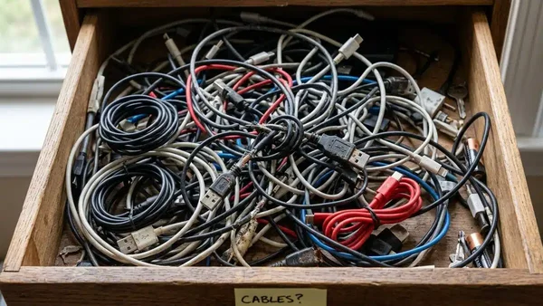 Tiroir ouvert rempli de câbles USB divers et oubliés, illustrant le problème des chargeurs multiples avant la standardisation européenne.