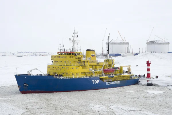 Le brise-glace russe Tor dans le port gelé de Sabetta, Russie, illustrant le transport maritime en Arctique