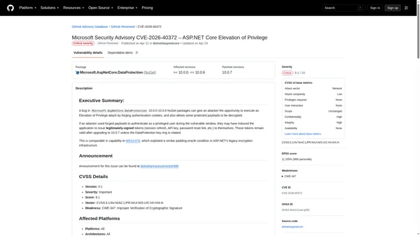 Capture d'écran de la page GitHub Advisory Database pour CVE-2026-40372 détaillant la vulnérabilité d'élévation de privilèges critique dans ASP.NET Core