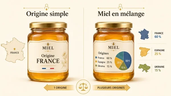 Infographie comparant deux pots de miel : l'un étiqueté 'Origine simple' de France, l'autre 'Miel en mélange' avec des origines de France, Espagne et Ukraine, illustré par un graphique en camembert et des cartes.