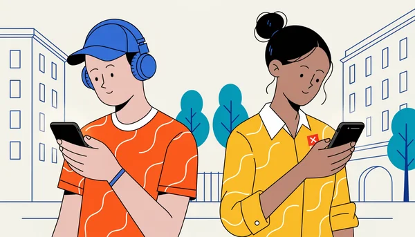 Illustration plate d'un jeune homme et d'une jeune femme d'une vingtaine d'années regardant leurs smartphones dans un espace urbain, évoquant l'expérience numérique et la dissimulation d'origines en ligne.