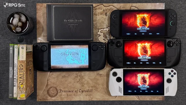 Plusieurs consoles portables dont un Steam Deck affichant l'écran titre d'Oblivion Remastered, posées sur une carte de Cyrodiil avec des copies physiques du jeu et une édition collector
