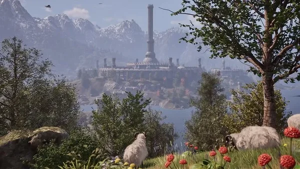Capture d'écran du gameplay d'Oblivion Remastered sur Switch 2 montrant un paysage de Cyrodiil avec une imposante structure en pierre ancienne, une tour centrale au loin, des montagnes et de l'eau, avec des moutons broutant au premier plan.