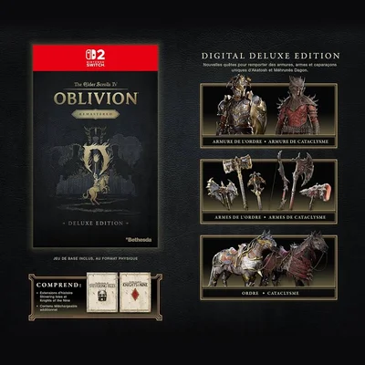 Image promotionnelle de l'édition Deluxe physique d'Oblivion Remastered pour Nintendo Switch 2, présentant la boîte du jeu et les contenus numériques bonus comme armures et montures