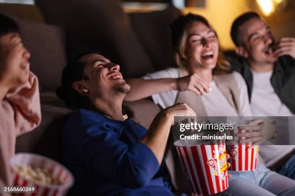 Plan serré sur un seau de pop-corn et des boissons posés sur un accoudoir de fauteuil de cinéma, en attente du début du film.